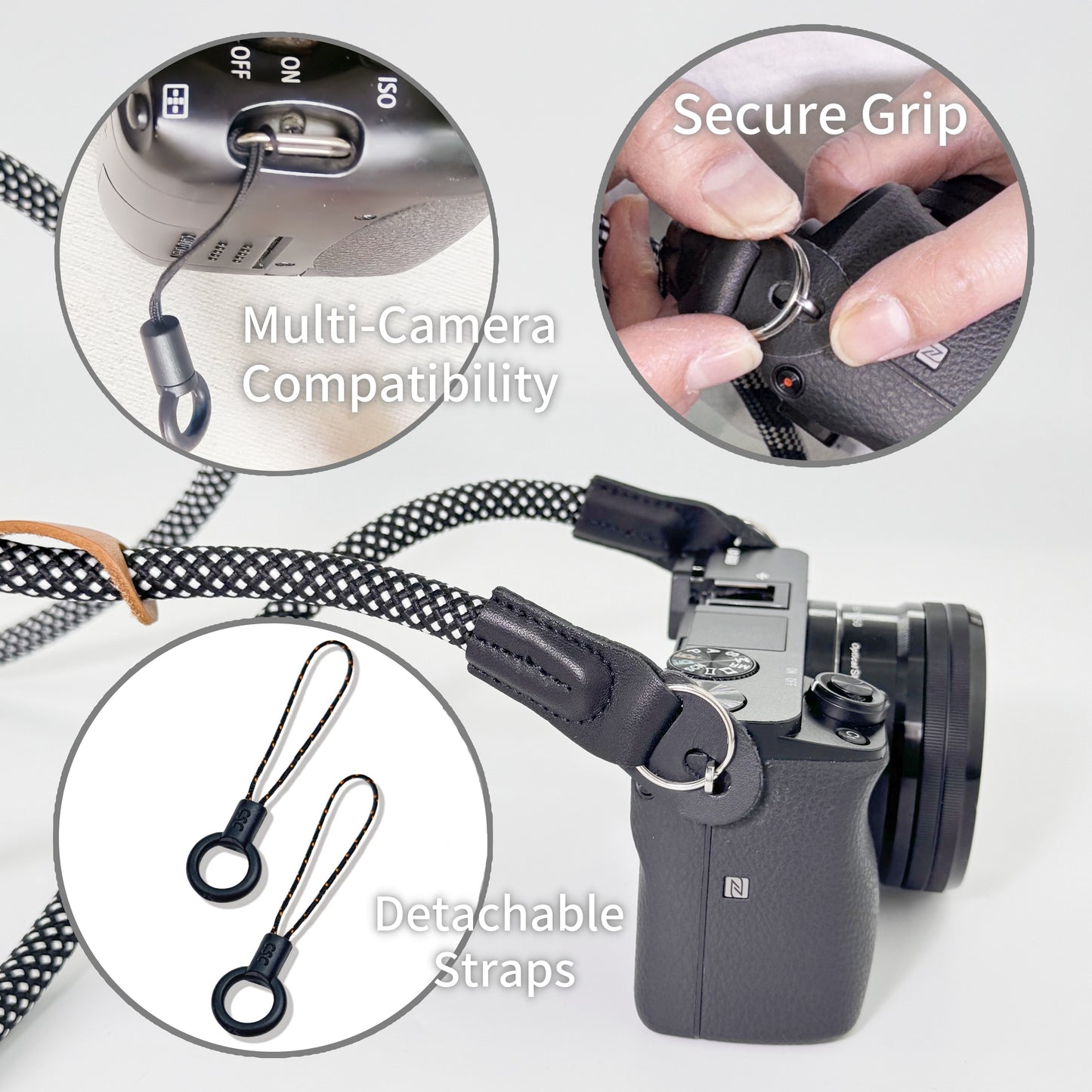 Camera Strap Crossbody Camera Neck Shoulder Strap 127cm Climbing Rope for Photographers Lanyard 10mm Thick - Black/white