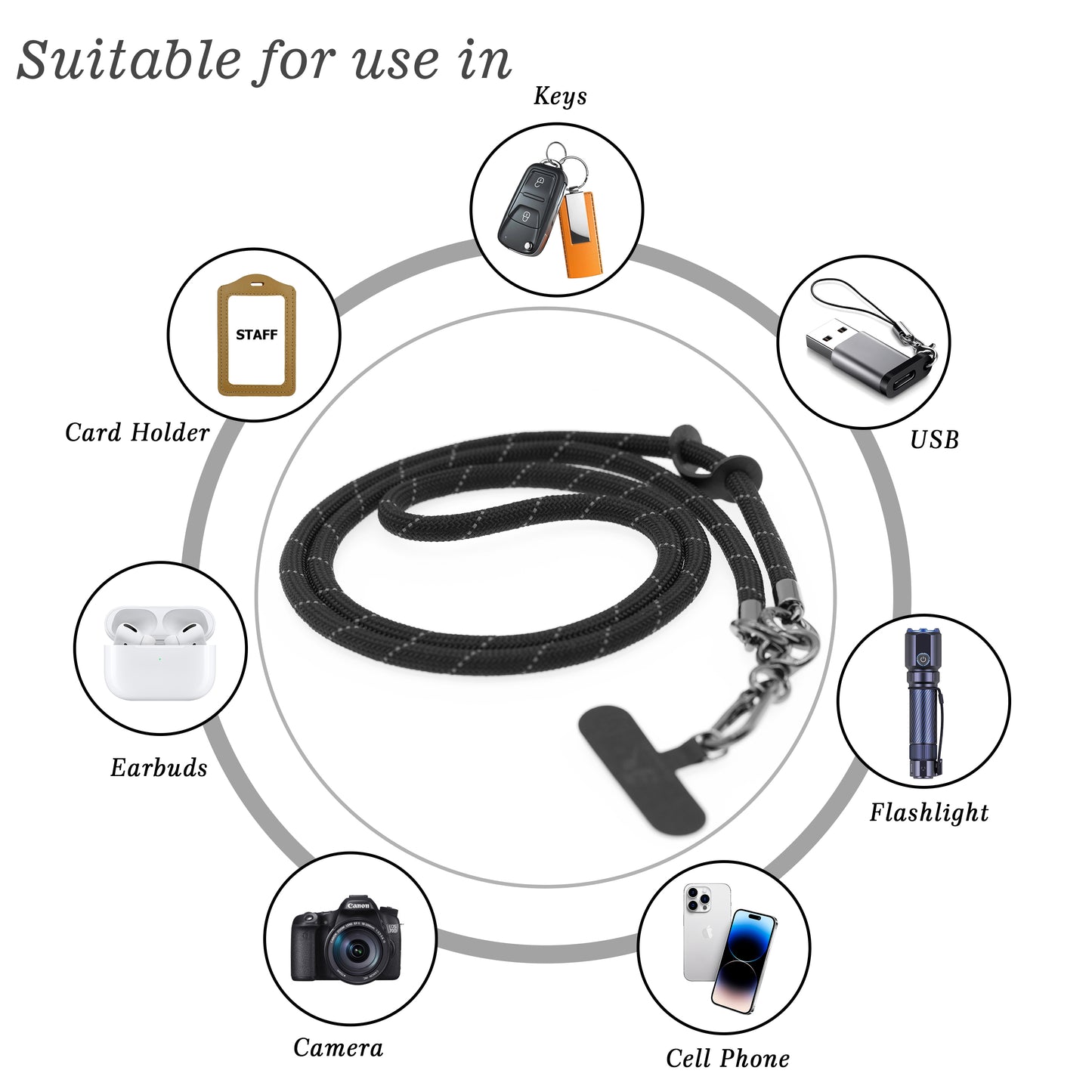 Phone Lanyard Universal Cell Phone Strap Crossbody Cell Phone Lanyard Extra Long Phone Rope Lanyard (Black Reflective)