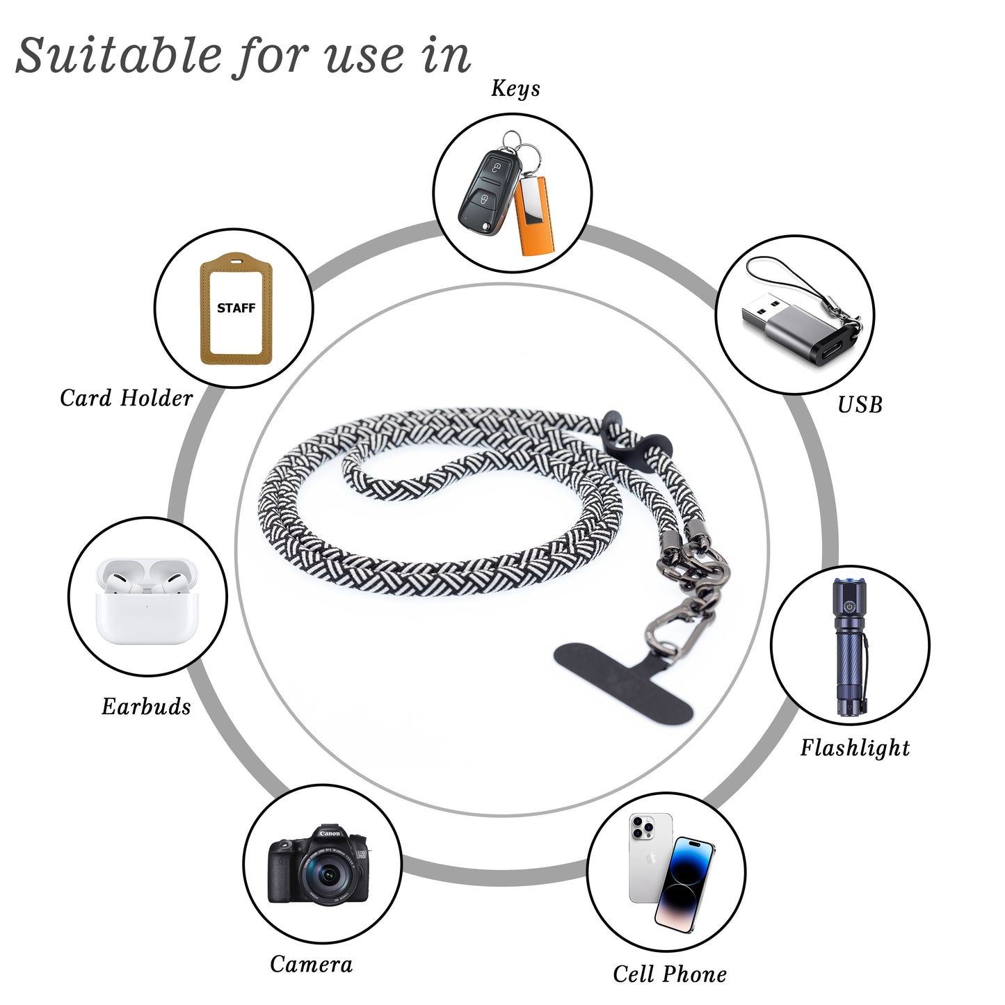 Phone Lanyard Universal Cell Phone Strap Crossbody Cell Phone Lanyard Extra Long Phone Rope Lanyard (Zebra Black)