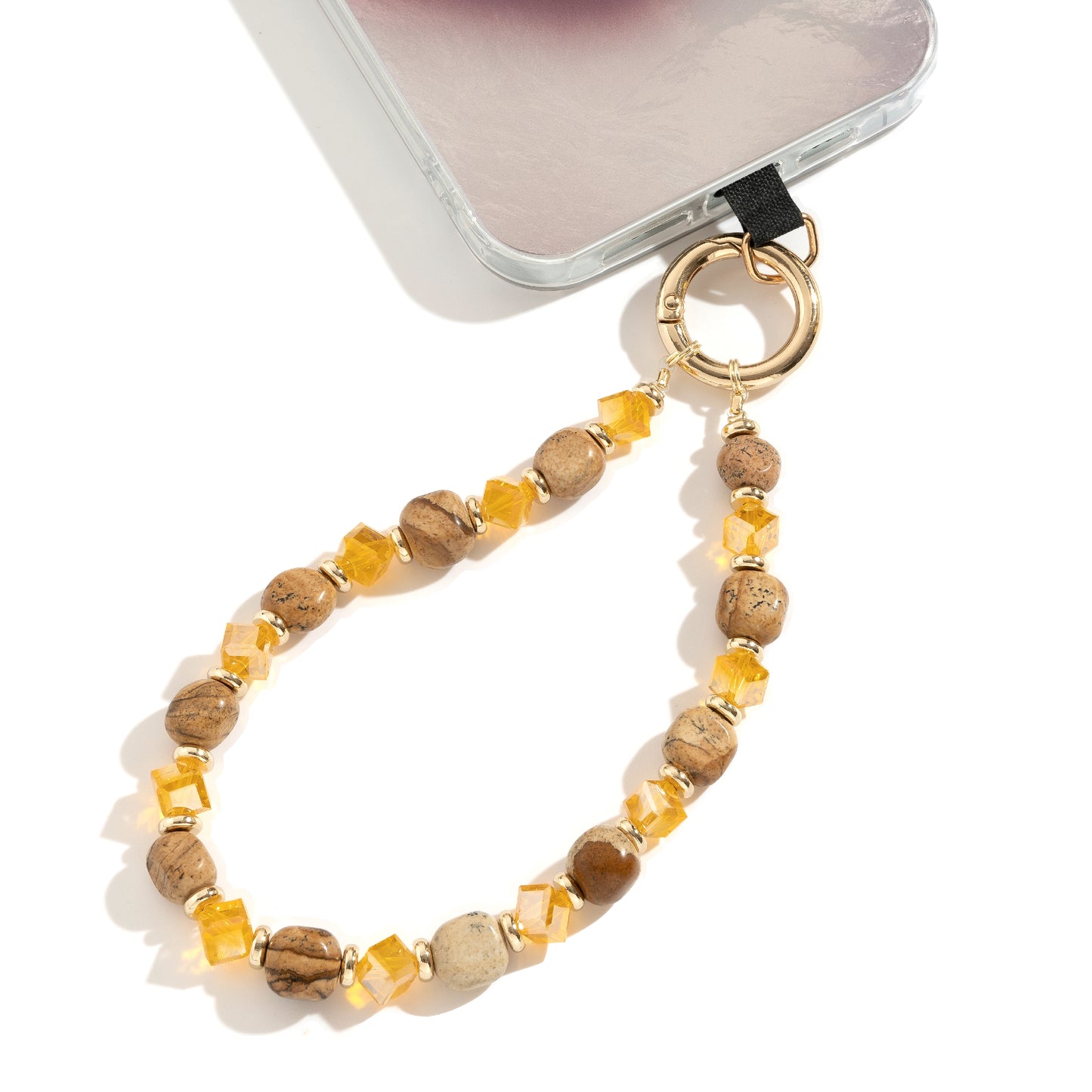 Natural Stone Wristlet Phone Strap Crystal Beaded Phone Lanyard for Women Handmade Beaded Wrist Strap (Landscape Jasper / Amber)