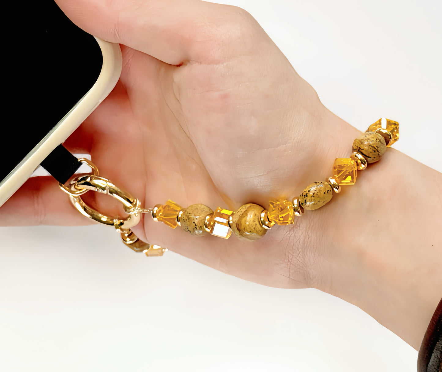 Natural Stone Wristlet Phone Strap Crystal Beaded Phone Lanyard for Women Handmade Beaded Wrist Strap (Landscape Jasper / Amber)