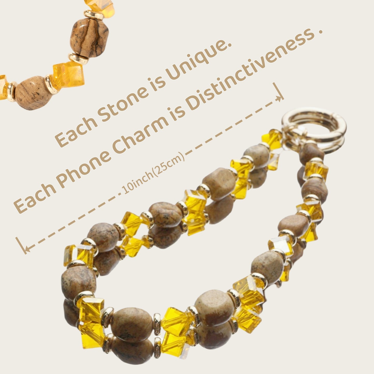 Natural Stone Wristlet Phone Strap Crystal Beaded Phone Lanyard for Women Handmade Beaded Wrist Strap (Landscape Jasper / Amber)