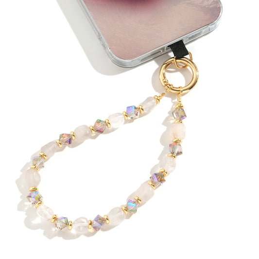 Natural Stone Wristlet Phone Strap Crystal Beaded Phone Lanyard for Women Handmade Beaded Wrist Strap (Quartz / Clear)