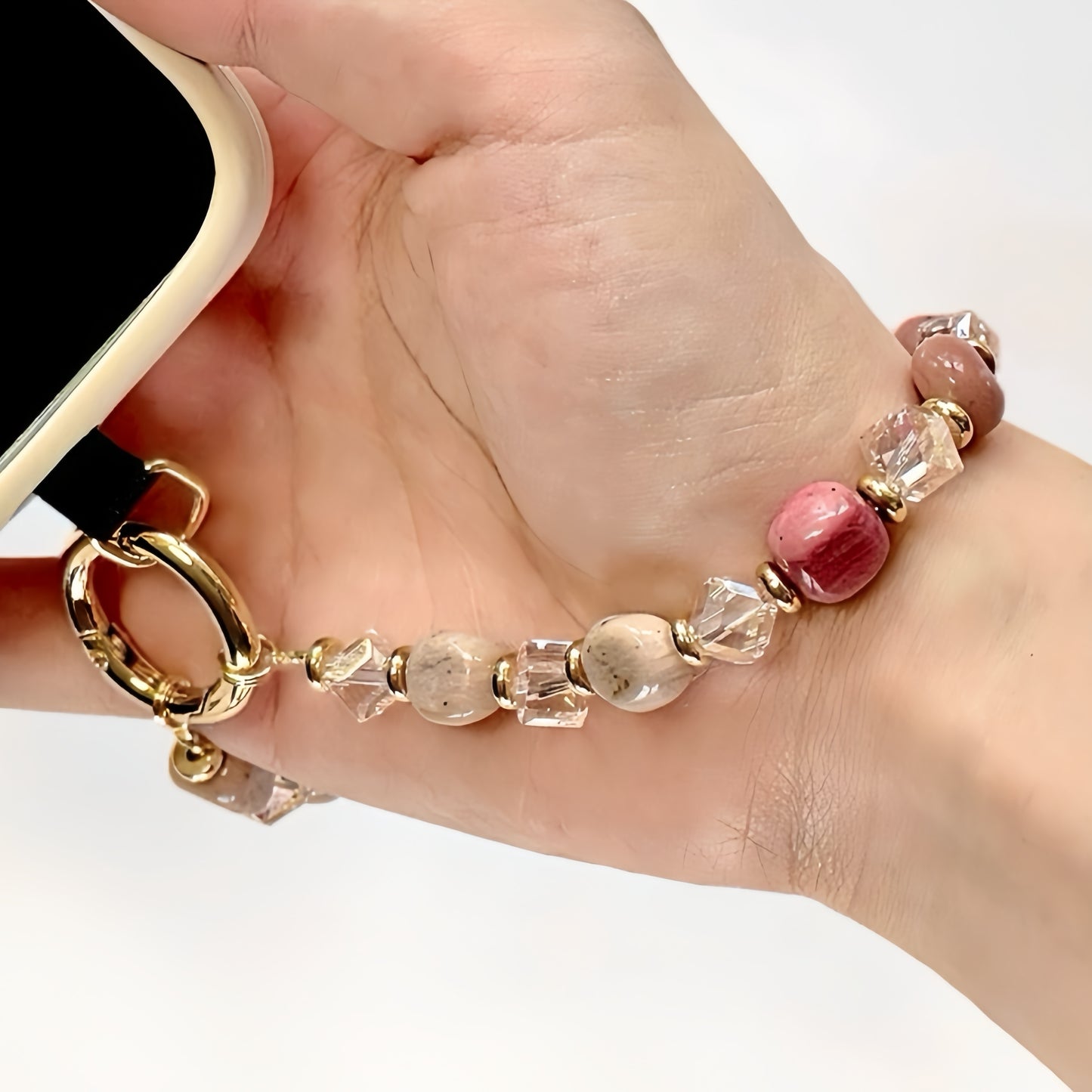 Natural Stone Wristlet Phone Strap Crystal Beaded Phone Lanyard for Women Handmade Beaded Wrist Strap (Rhodochrosite / Pink)