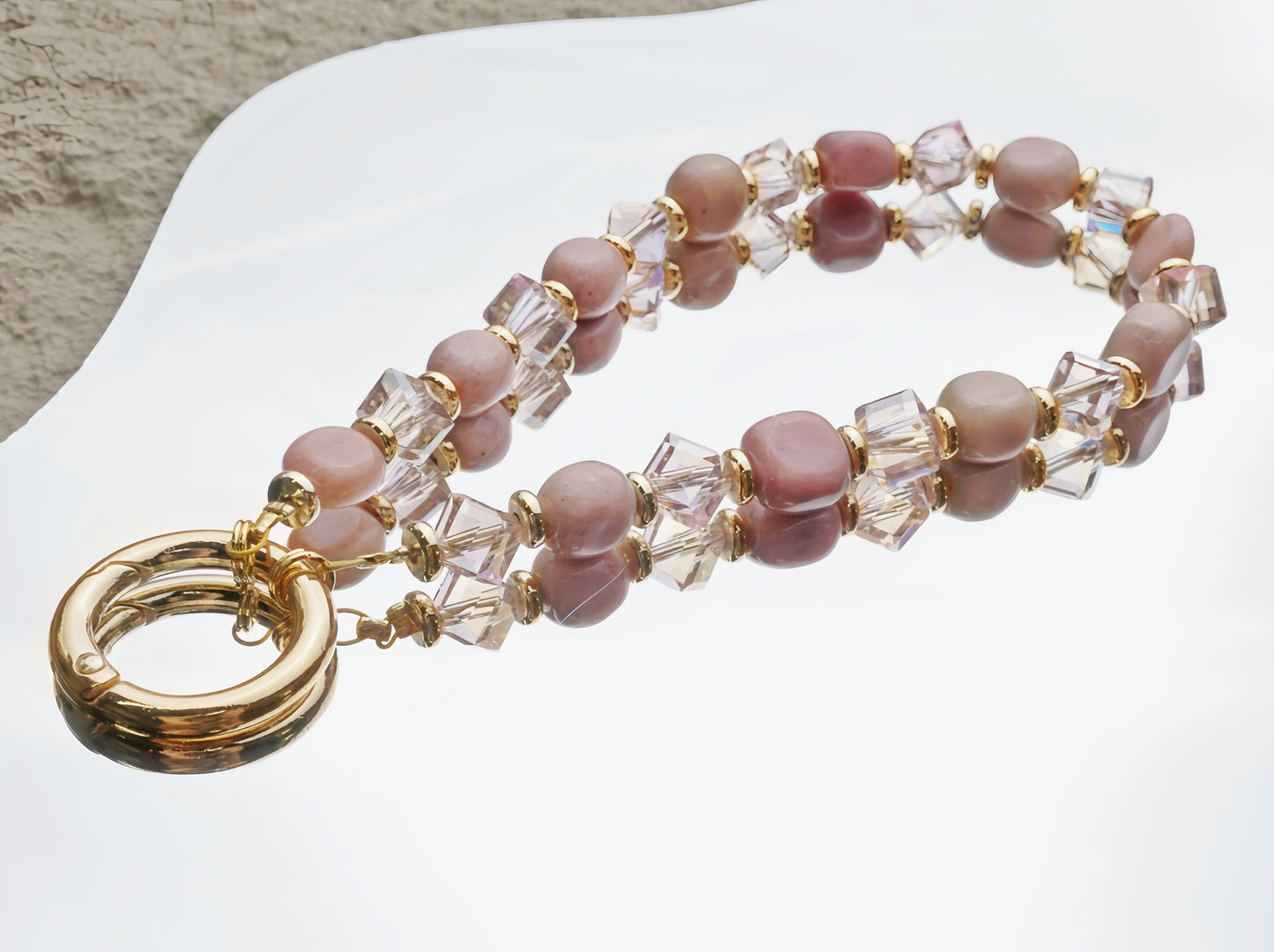 Natural Stone Wristlet Phone Strap Crystal Beaded Phone Lanyard for Women Handmade Beaded Wrist Strap (Rhodochrosite / Pink)