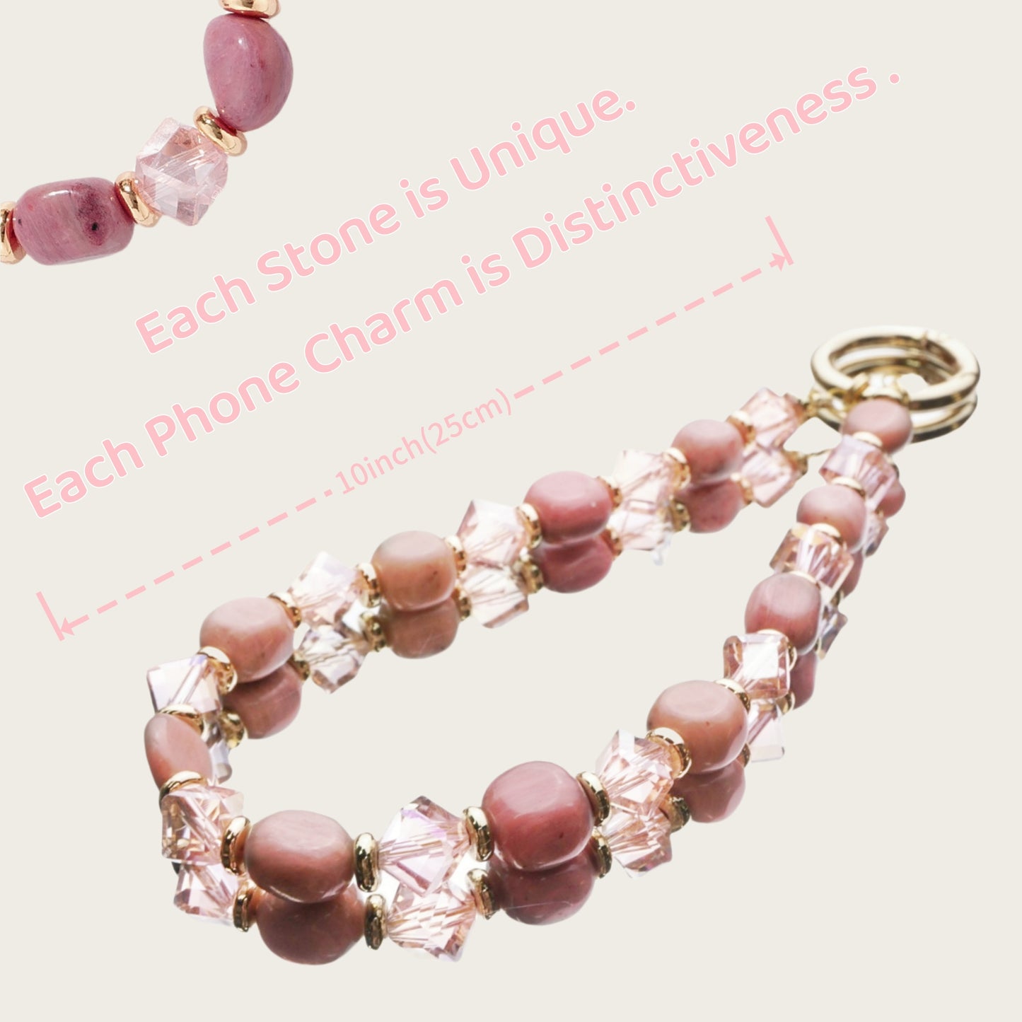 Natural Stone Wristlet Phone Strap Crystal Beaded Phone Lanyard for Women Handmade Beaded Wrist Strap (Rhodochrosite / Pink)