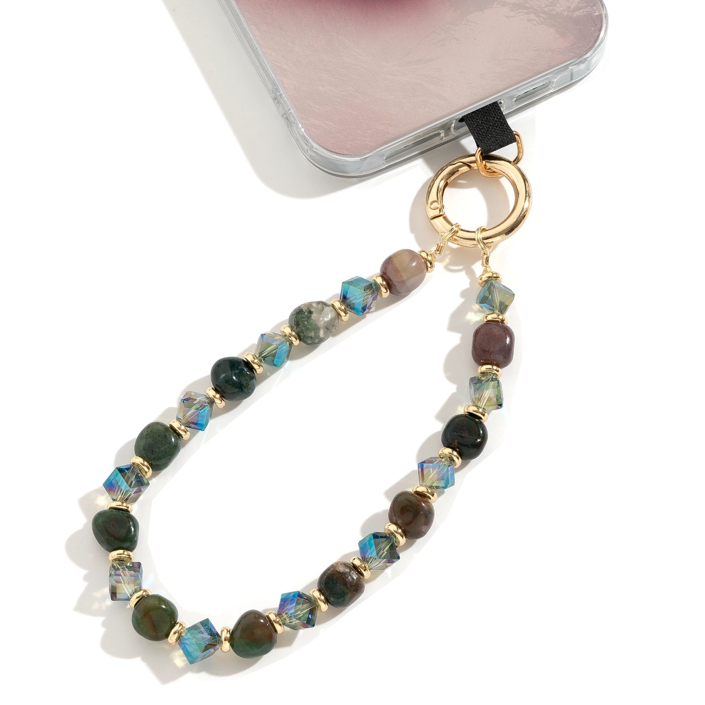 Natural Stone Wristlet Phone Strap Crystal Beaded Phone Lanyard for Women Handmade Beaded Wrist Strap (Indian Agate / Green)