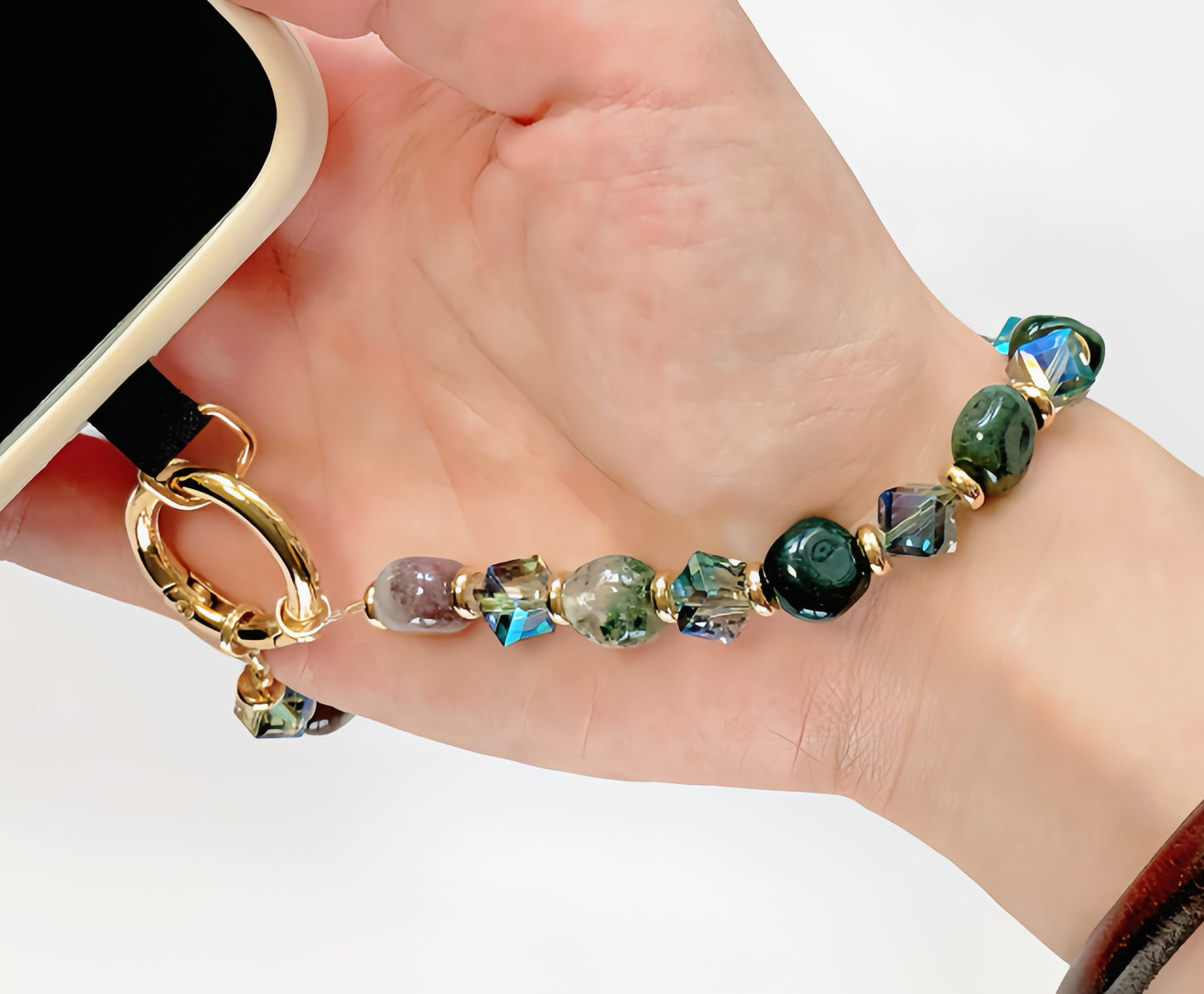 Natural Stone Wristlet Phone Strap Crystal Beaded Phone Lanyard for Women Handmade Beaded Wrist Strap (Indian Agate / Green)