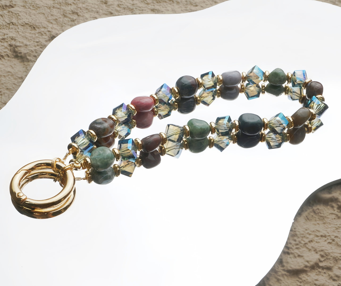 Natural Stone Wristlet Phone Strap Crystal Beaded Phone Lanyard for Women Handmade Beaded Wrist Strap (Indian Agate / Green)