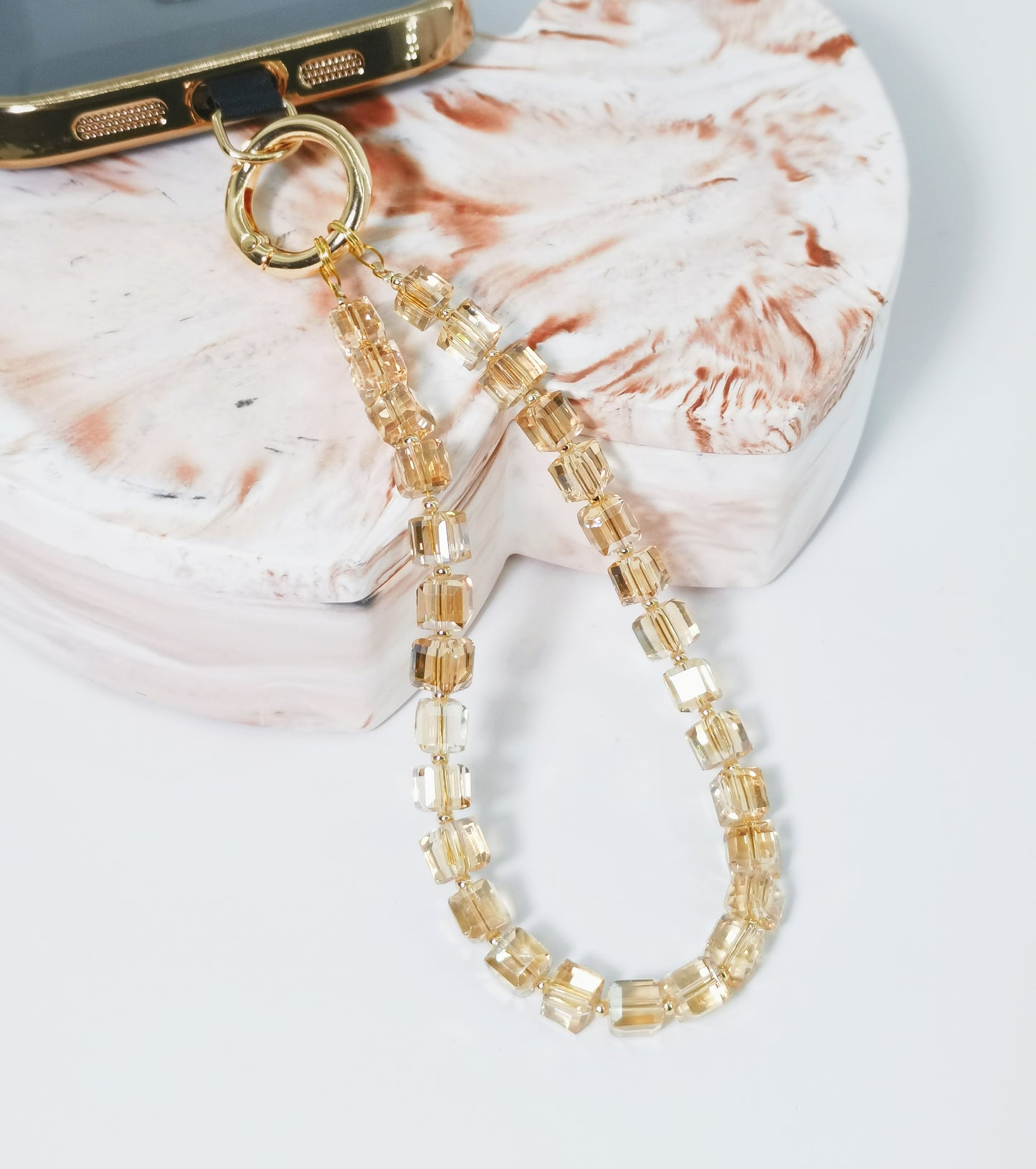 Phone Wrist Strap Beaded Cell Phone Charm Hand Strap Crystal Phone Lanyard Detachable Phone Chain (Amber Gold)