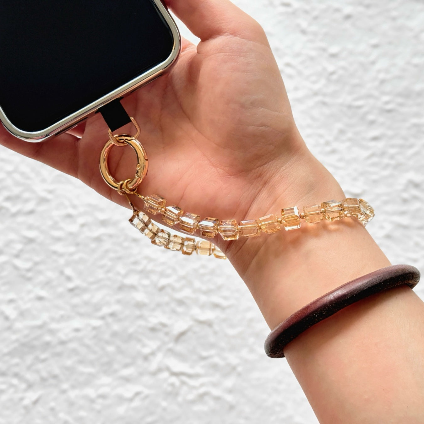 Phone Wrist Strap Beaded Cell Phone Charm Hand Strap Crystal Phone Lanyard Detachable Phone Chain (Amber Gold)