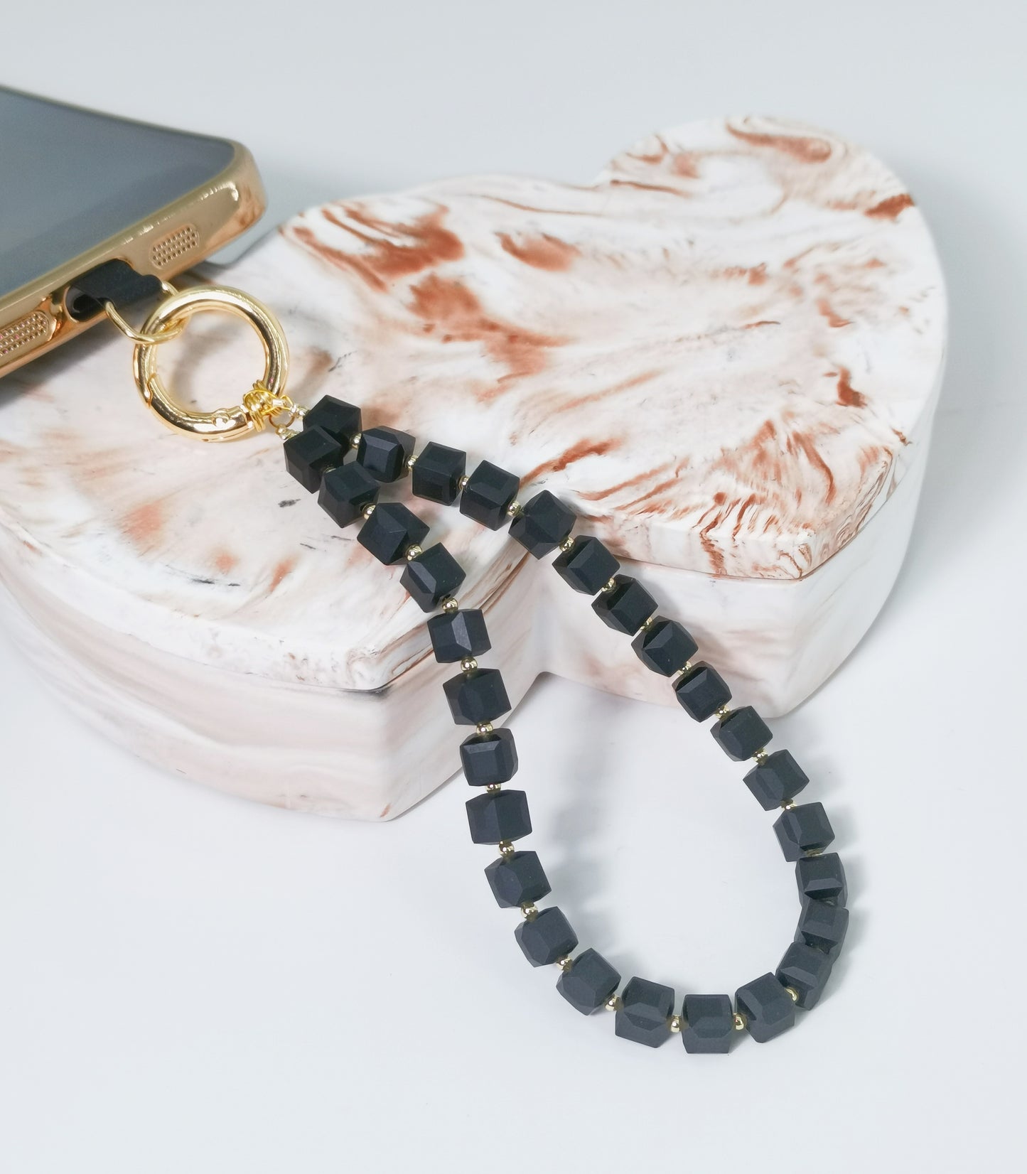 Phone Wrist Strap Beaded Cell Phone Charm Hand Strap Crystal Phone Lanyard Detachable Phone Chain (Matte Black)