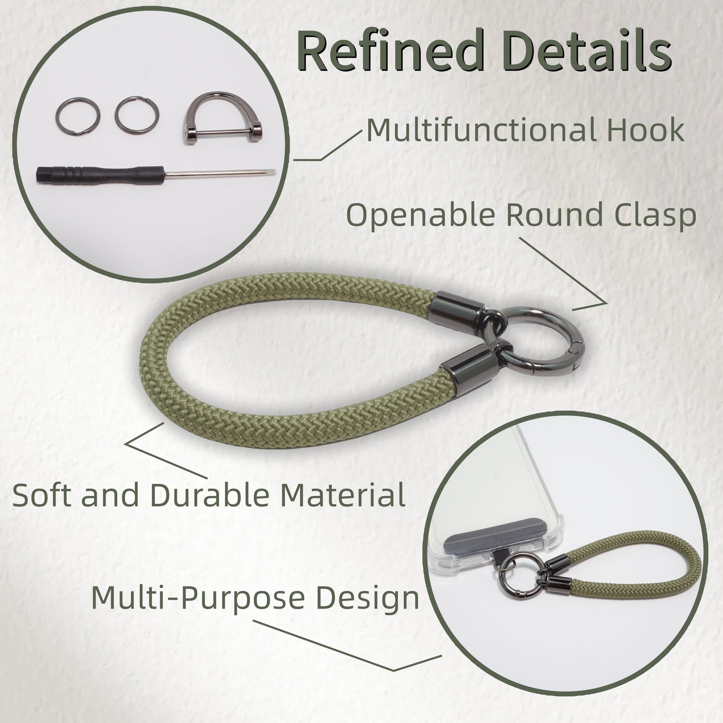 Car Keychain Zinc Alloy Keyring Detachable Key Chain for Women and Men Soft Rope Lanyard Car Key Fob Holder - Army Green