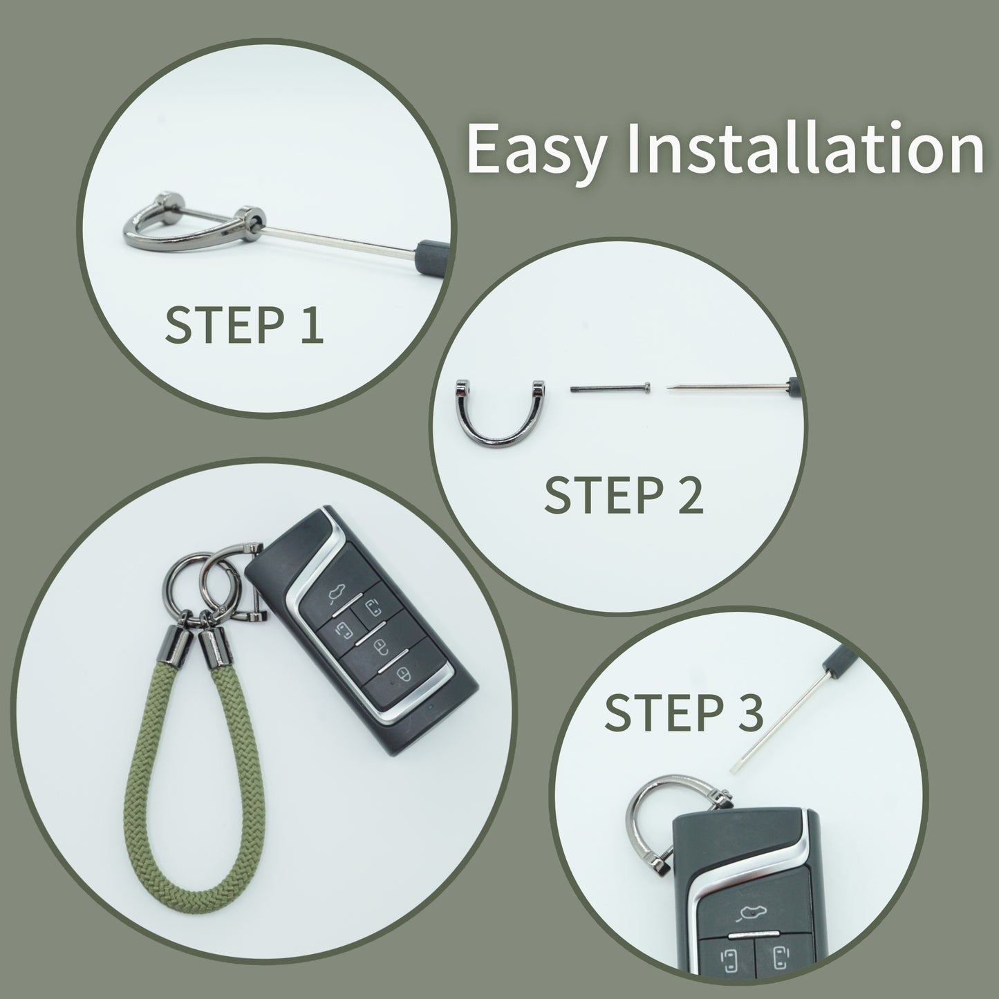 Car Keychain Zinc Alloy Keyring Detachable Key Chain for Women and Men Soft Rope Lanyard Car Key Fob Holder - Army Green