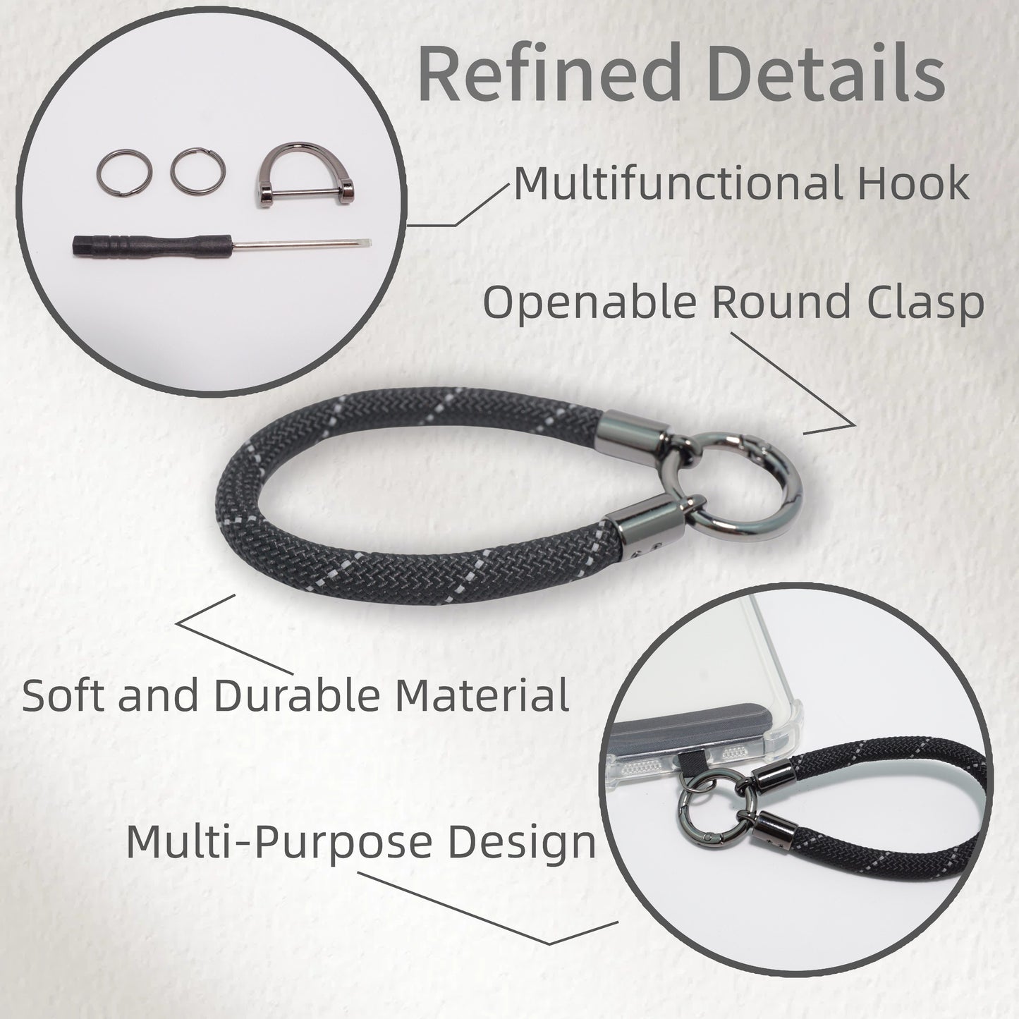 Car Keychain Zinc Alloy Keyring Detachable Key Chain for Women and Men Soft Rope Lanyard Car Key Fob Holder - Black Reflective