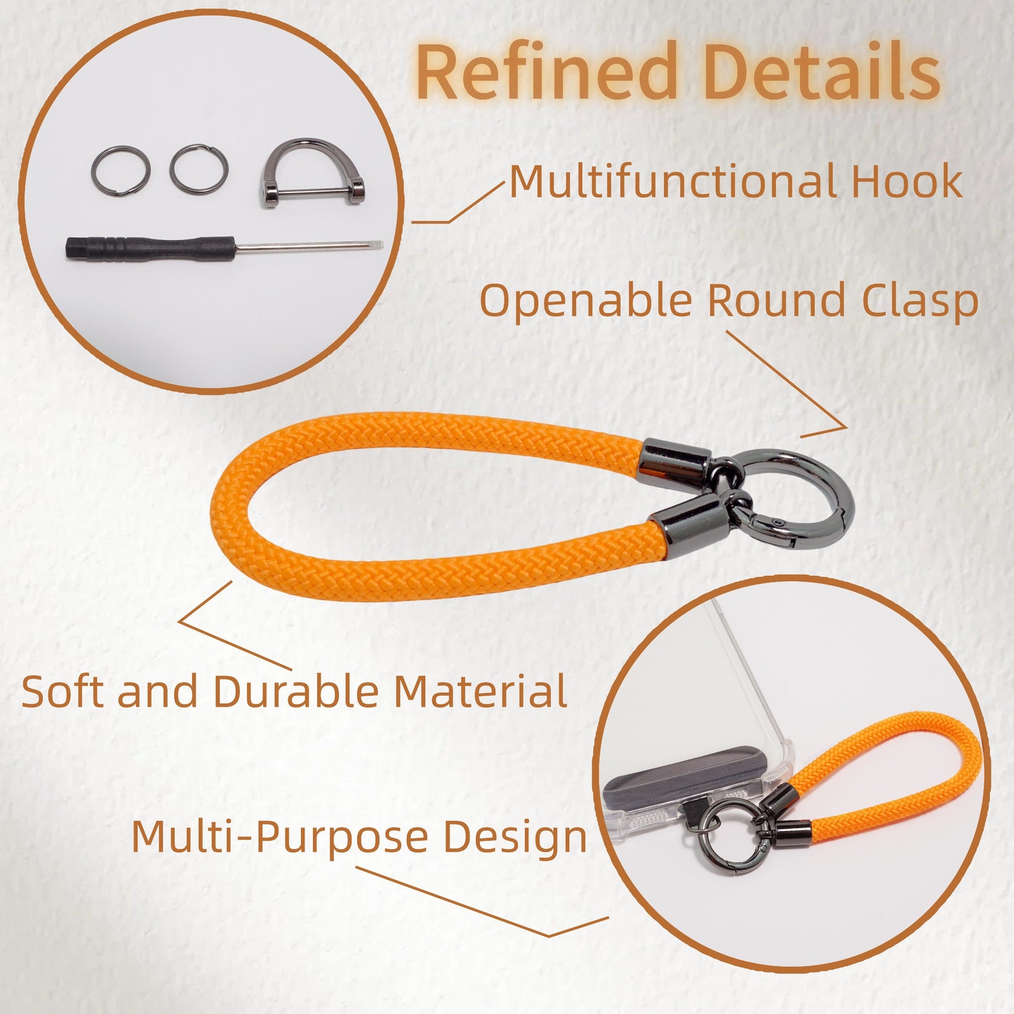 Car Keychain Zinc Alloy Keyring Detachable Key Chain for Women and Men Soft Rope Lanyard Car Key Fob Holder - Orange