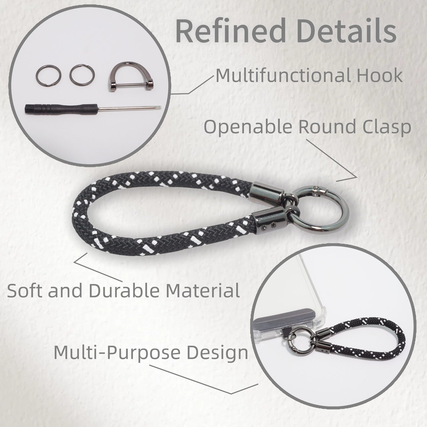 Car Keychain Zinc Alloy Keyring Detachable Key Chain for Women and Men Soft Rope Lanyard Car Key Fob Holder - White on Black