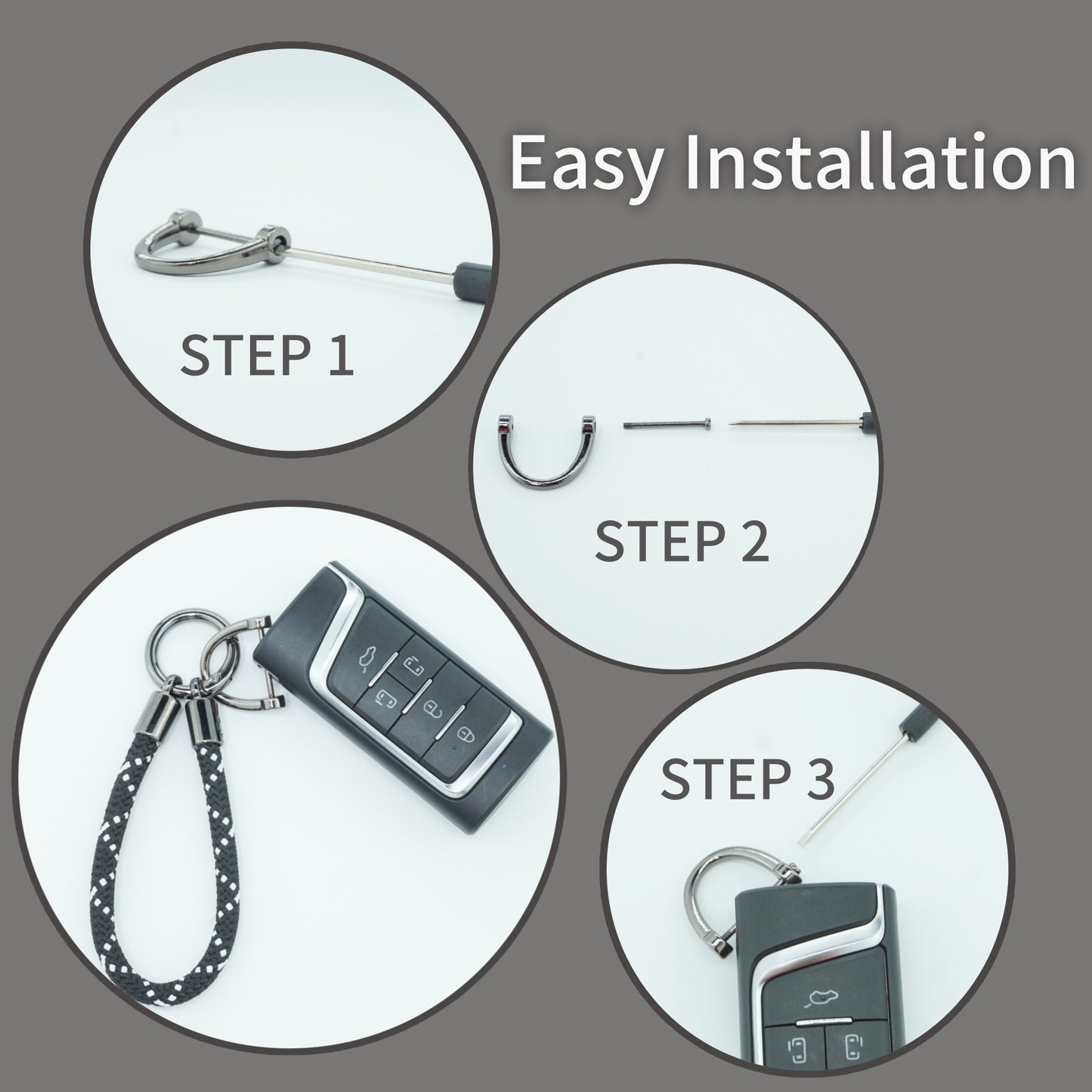 Car Keychain Zinc Alloy Keyring Detachable Key Chain for Women and Men Soft Rope Lanyard Car Key Fob Holder - White on Black