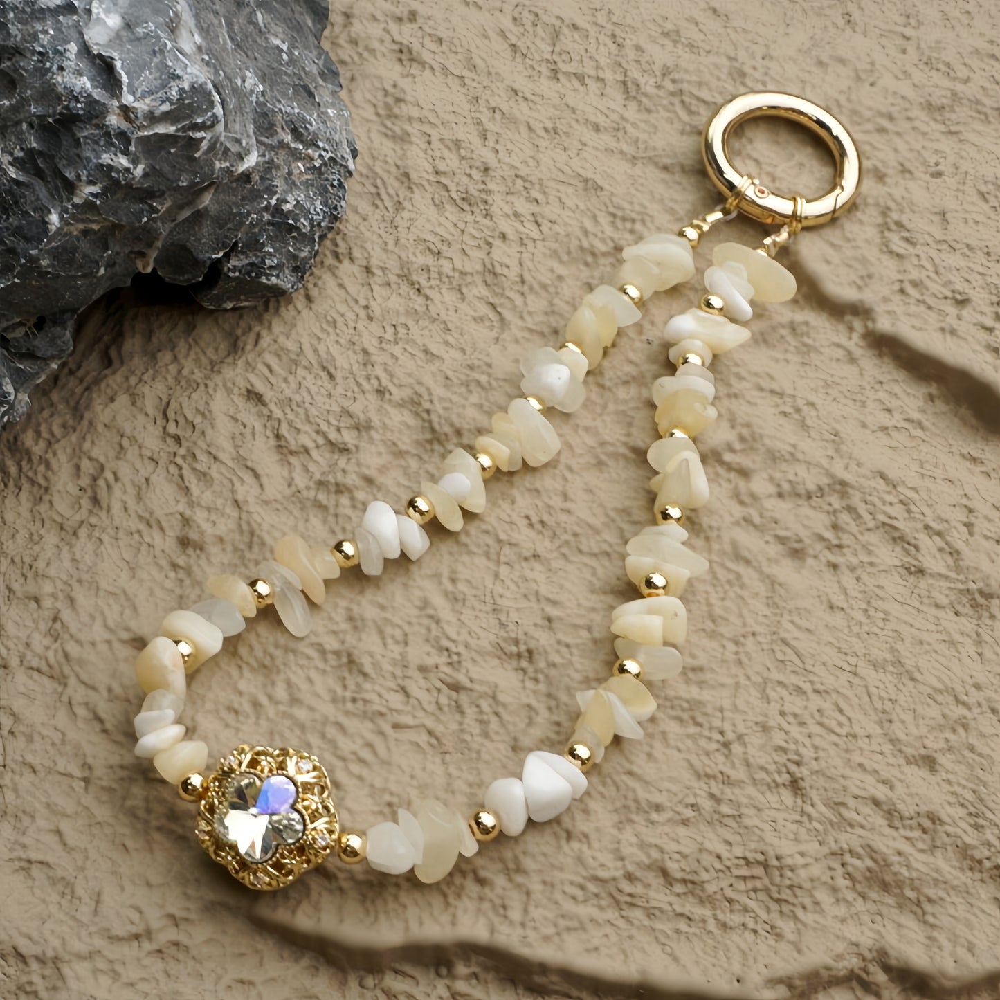 Phone Wristlet Strap Handmade Natural Stone Beaded Wrist Strap Phone Lanyard Chain Wristband Beaded Charm (Begie Onyx Stone)