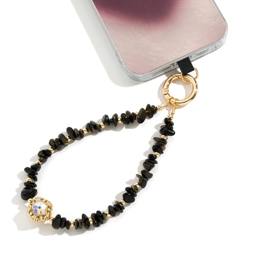 Phone Wristlet Strap Handmade Natural Stone Beaded Wrist Strap Phone Lanyard Chain Wristband Beaded Charm (Obsidian Black stone)