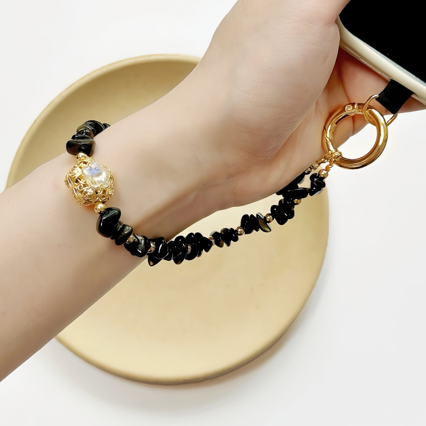 Phone Wristlet Strap Handmade Natural Stone Beaded Wrist Strap Phone Lanyard Chain Wristband Beaded Charm (Obsidian Black stone)