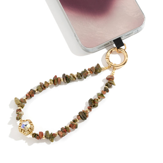 Phone Wristlet Strap Handmade Natural Stone Beaded Wrist Strap Phone Lanyard Chain Wristband Beaded Charm (Unakite Green Stone)