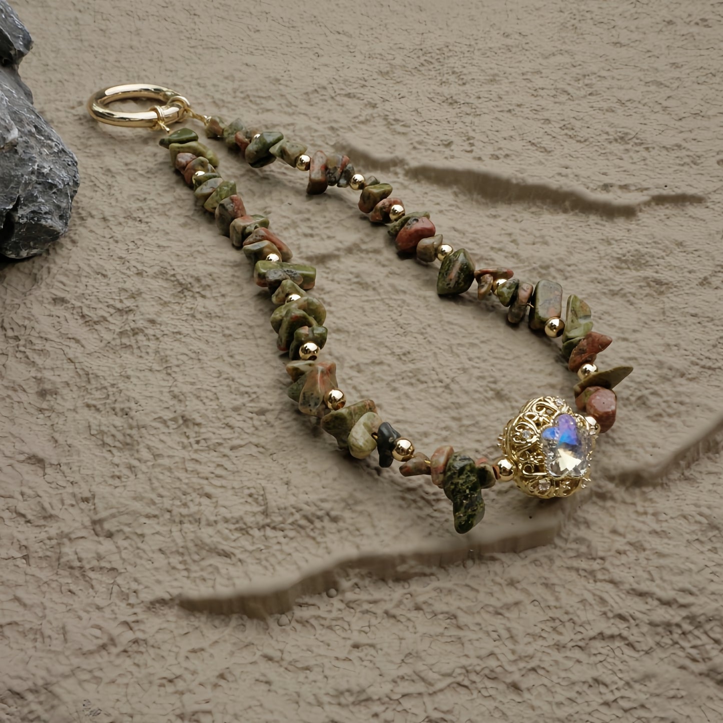 Phone Wristlet Strap Handmade Natural Stone Beaded Wrist Strap Phone Lanyard Chain Wristband Beaded Charm (Unakite Green Stone)