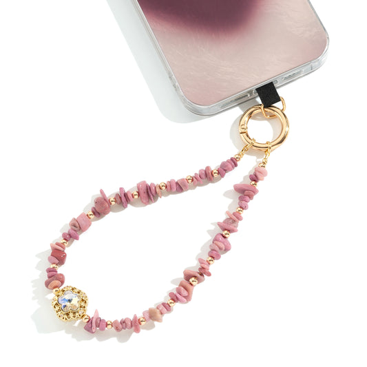 Phone Wristlet Strap Handmade Natural Stone Beaded Wrist Strap Phone Lanyard Chain Wristband Beaded Charm (Rhodochrosite Pink Stone)
