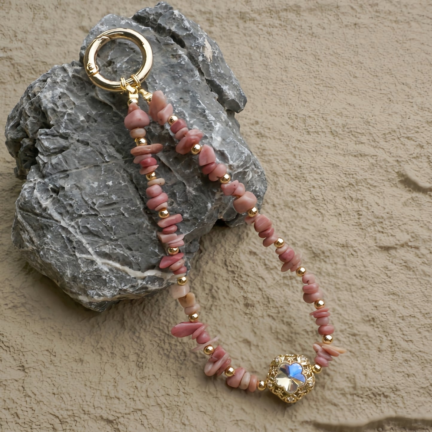 Phone Wristlet Strap Handmade Natural Stone Beaded Wrist Strap Phone Lanyard Chain Wristband Beaded Charm (Rhodochrosite Pink Stone)