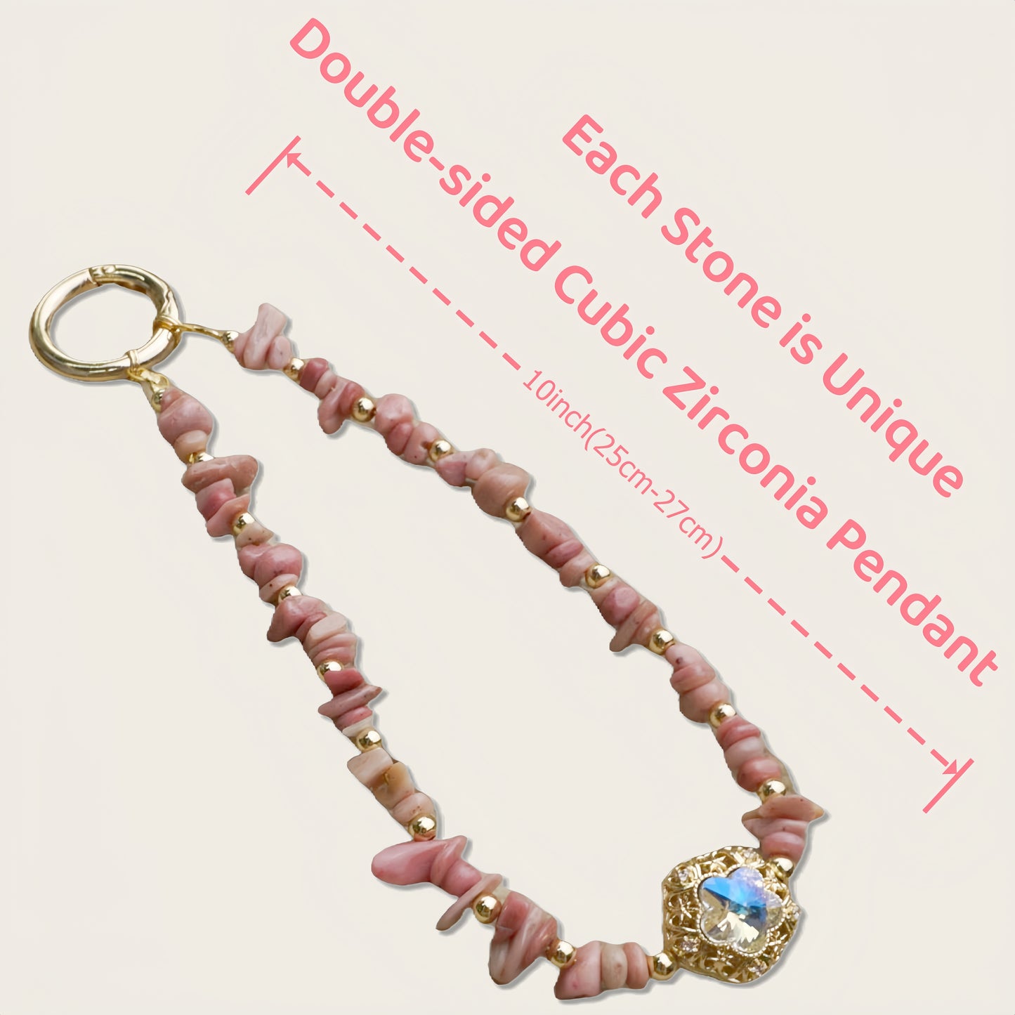 Phone Wristlet Strap Handmade Natural Stone Beaded Wrist Strap Phone Lanyard Chain Wristband Beaded Charm (Rhodochrosite Pink Stone)