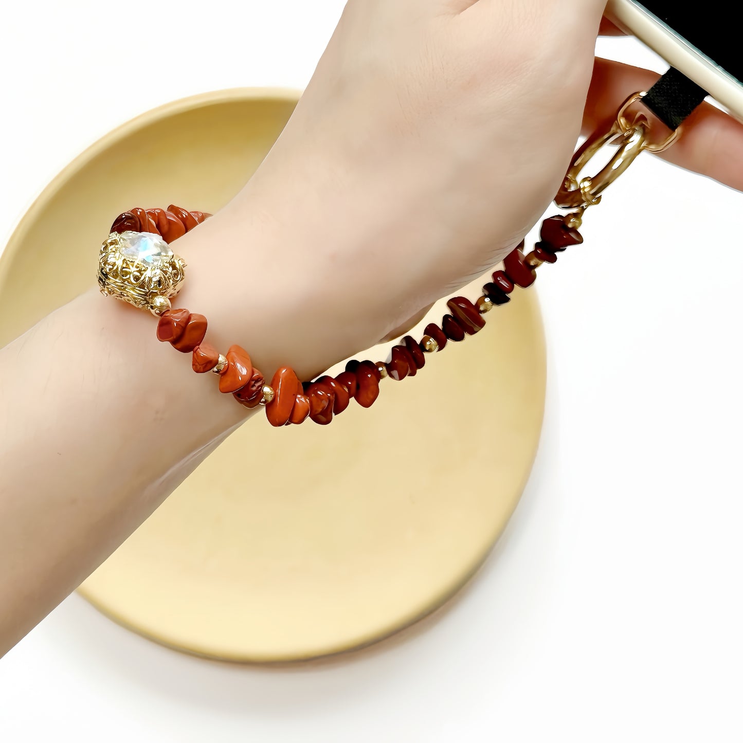 Phone Wristlet Strap Handmade Natural Stone Beaded Wrist Strap Phone Lanyard Chain Wristband Beaded Charm (Red Jasper Stone)
