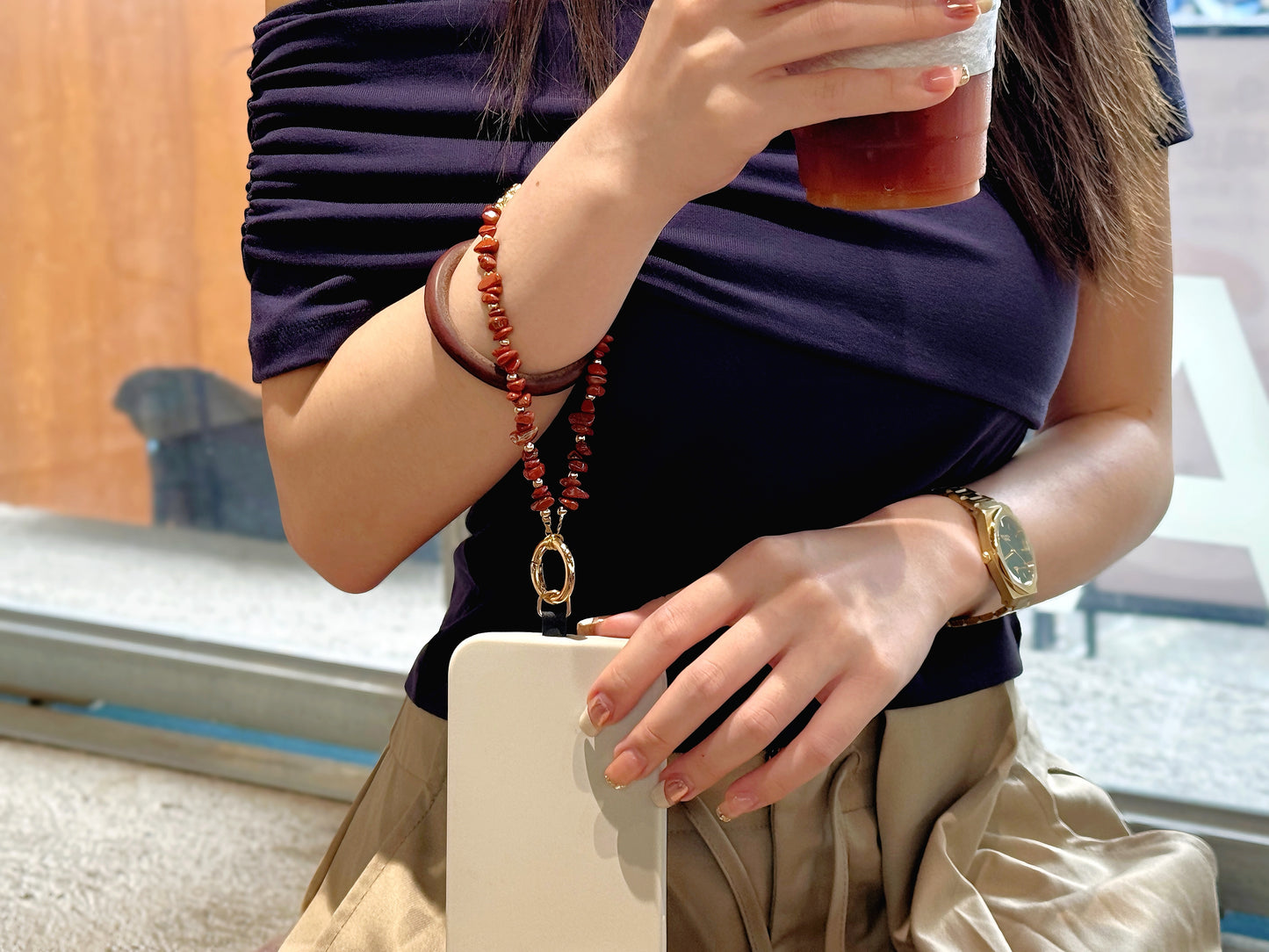 Phone Wristlet Strap Handmade Natural Stone Beaded Wrist Strap Phone Lanyard Chain Wristband Beaded Charm (Red Jasper Stone)