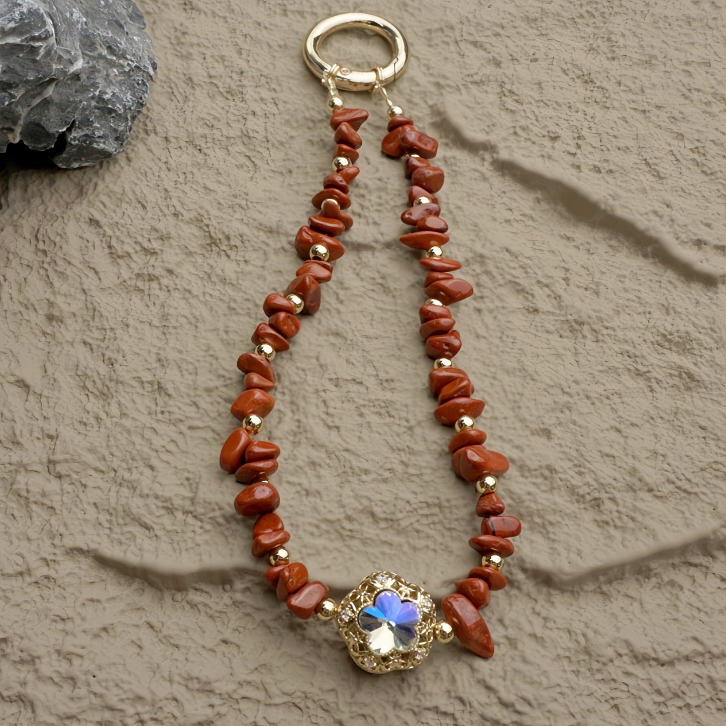 Phone Wristlet Strap Handmade Natural Stone Beaded Wrist Strap Phone Lanyard Chain Wristband Beaded Charm (Red Jasper Stone)