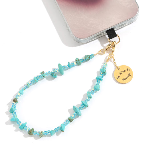 Beaded Phone Charm Nature Stone Cell Phone Wrist Strap Crystal Beaded Charm Stone Beads Chain Wrist Lanyard Hand Wristlet (Green Turquoise)