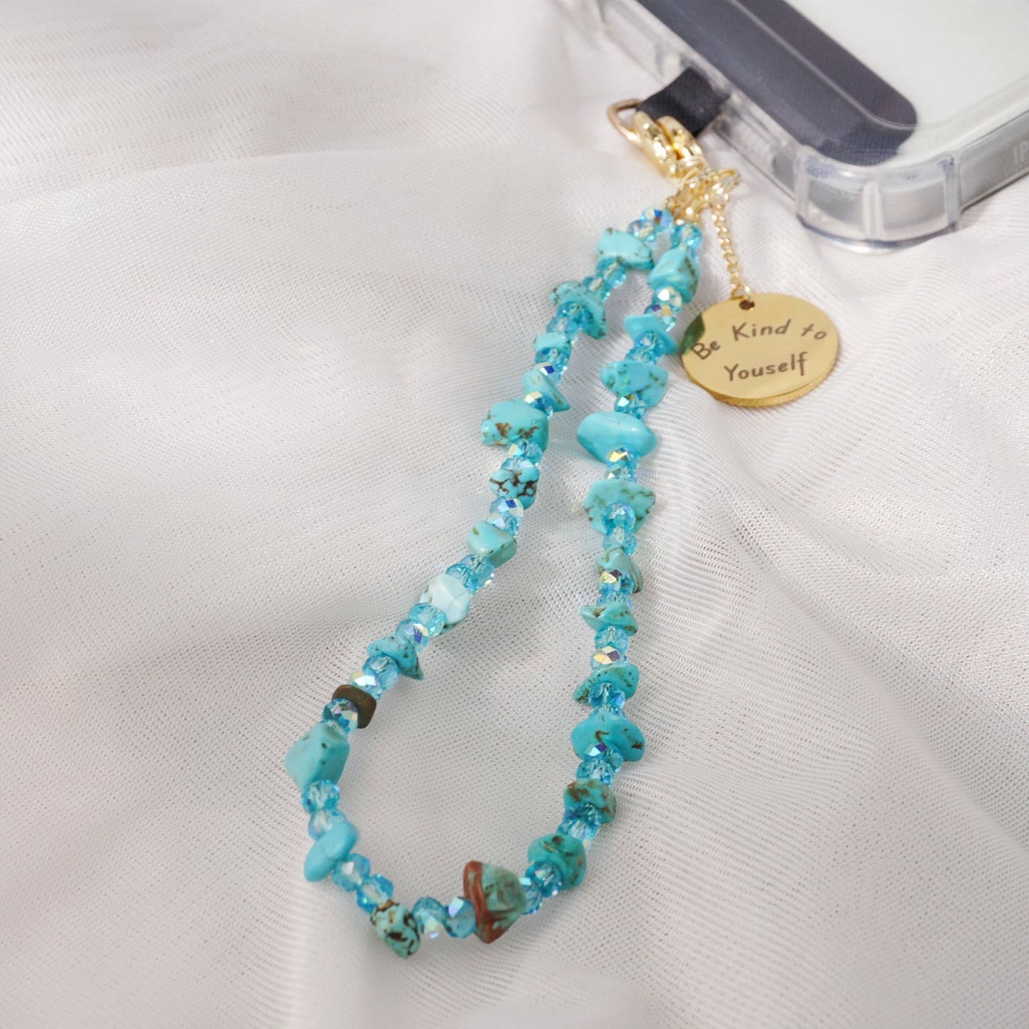 Beaded Phone Charm Nature Stone Cell Phone Wrist Strap Crystal Beaded Charm Stone Beads Chain Wrist Lanyard Hand Wristlet (Green Turquoise)
