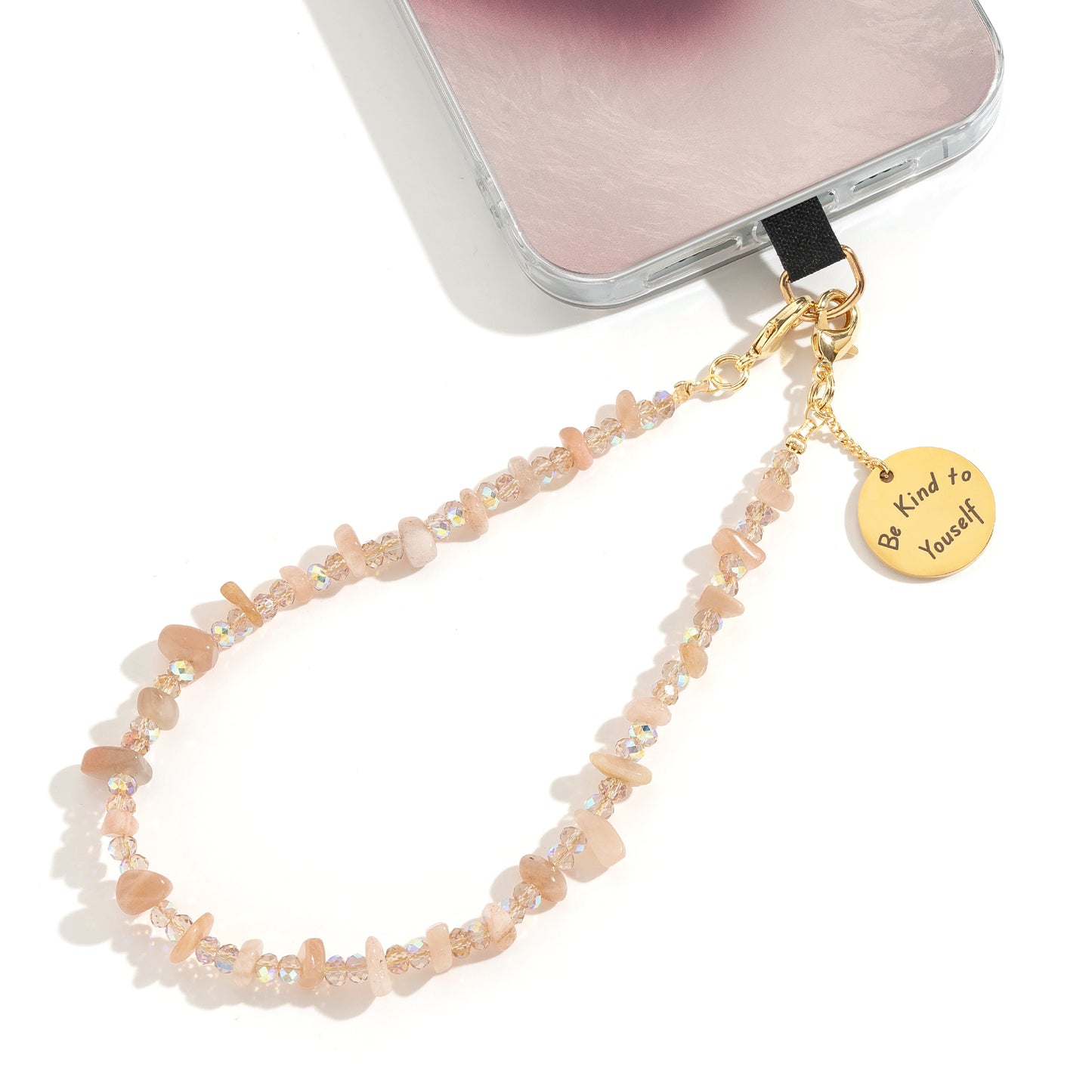 Beaded Phone Charm Nature Stone Cell Phone Wrist Strap Crystal Beaded Charm Stone Beads Chain Wrist Lanyard Hand Wristlet (Sunstone)