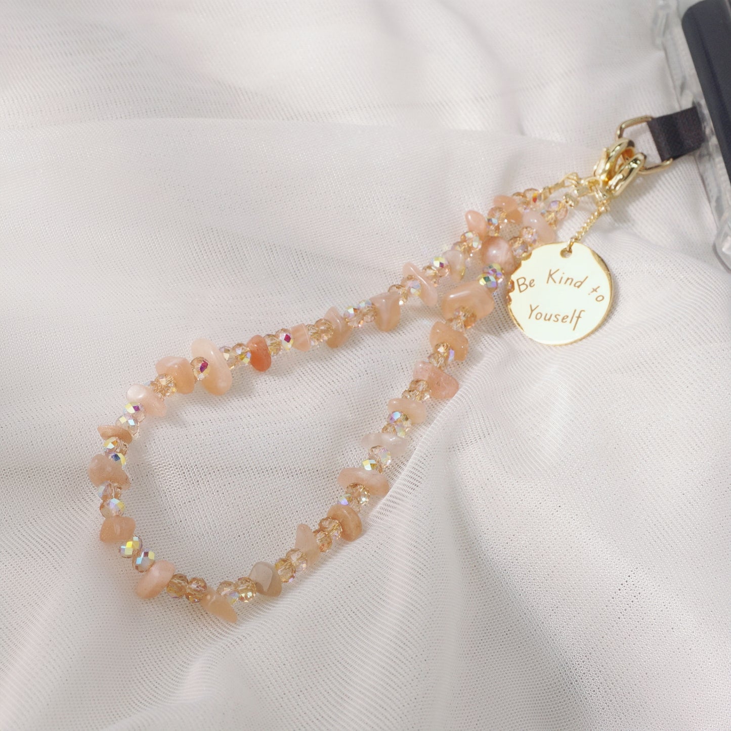 Beaded Phone Charm Nature Stone Cell Phone Wrist Strap Crystal Beaded Charm Stone Beads Chain Wrist Lanyard Hand Wristlet (Sunstone)