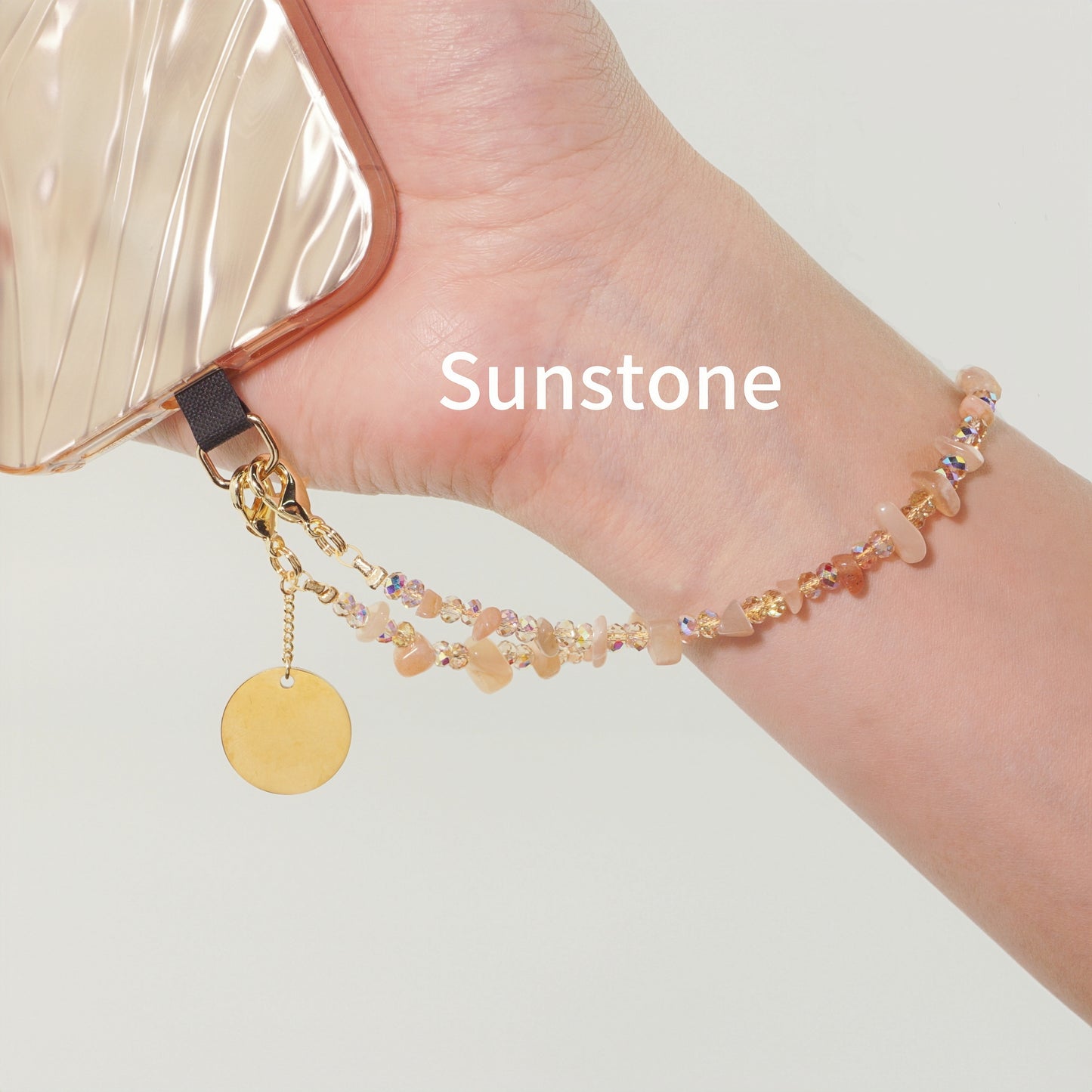 Beaded Phone Charm Nature Stone Cell Phone Wrist Strap Crystal Beaded Charm Stone Beads Chain Wrist Lanyard Hand Wristlet (Sunstone)
