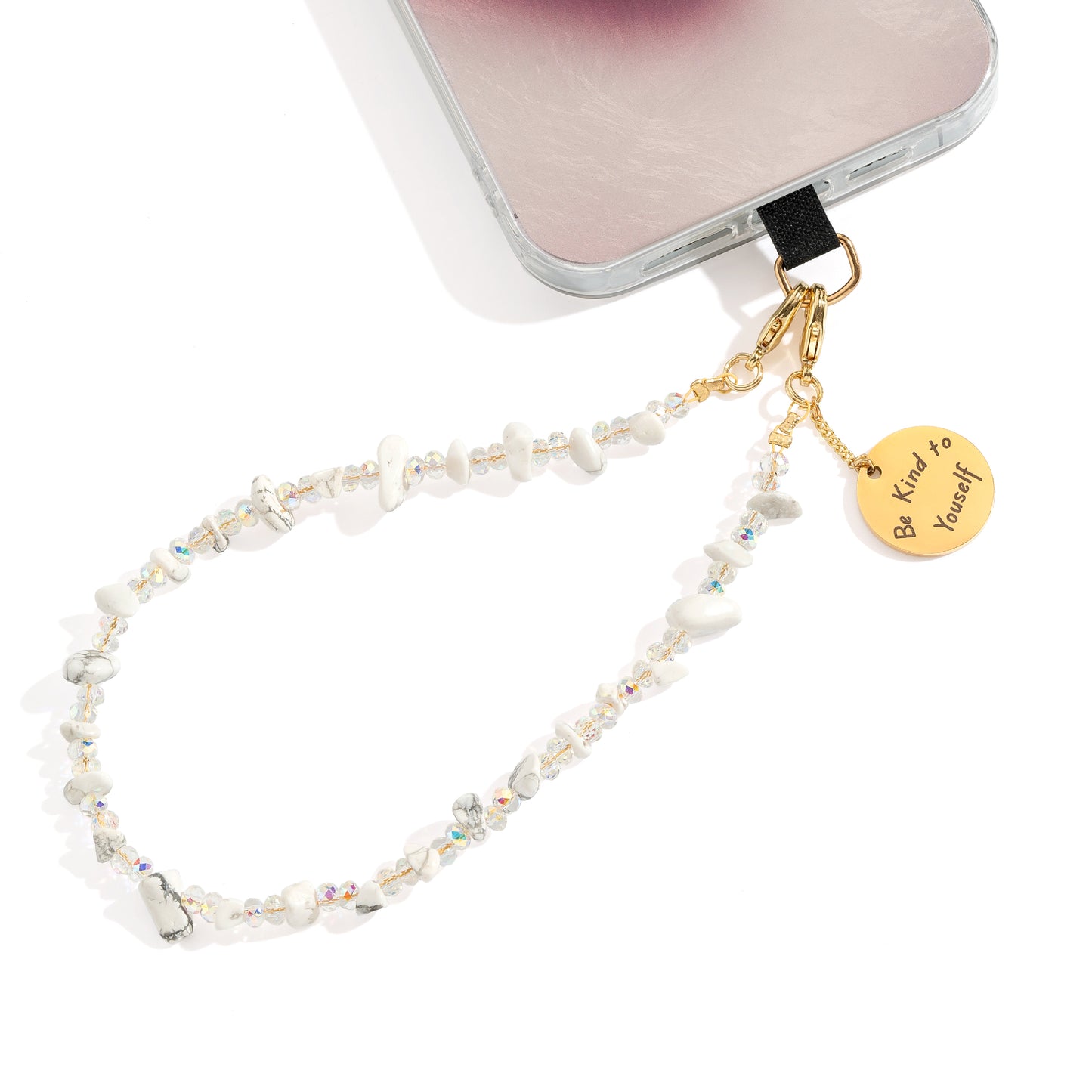 Beaded Phone Charm Nature Stone Cell Phone Wrist Strap Crystal Beaded Charm Stone Beads Chain Wrist Lanyard Hand Wristlet (White Turquoise)