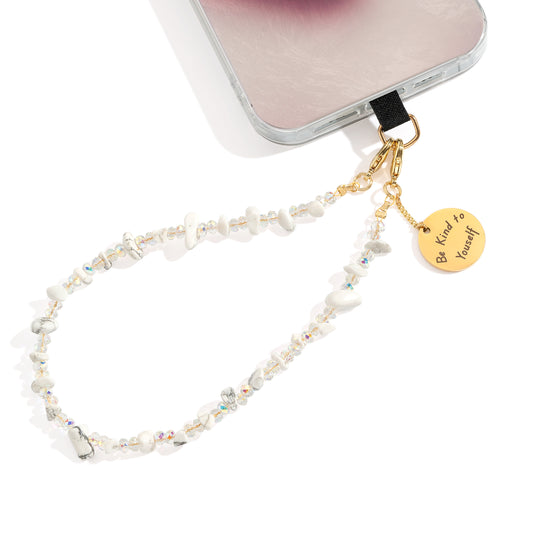 Beaded Phone Charm Nature Stone Cell Phone Wrist Strap Crystal Beaded Charm Stone Beads Chain Wrist Lanyard Hand Wristlet (White Turquoise)