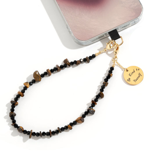 Beaded Phone Charm Nature Stone Cell Phone Wrist Strap Crystal Beaded Charm Stone Beads Chain Wrist Lanyard Hand Wristlet (Yellow Tiger’s Eye)