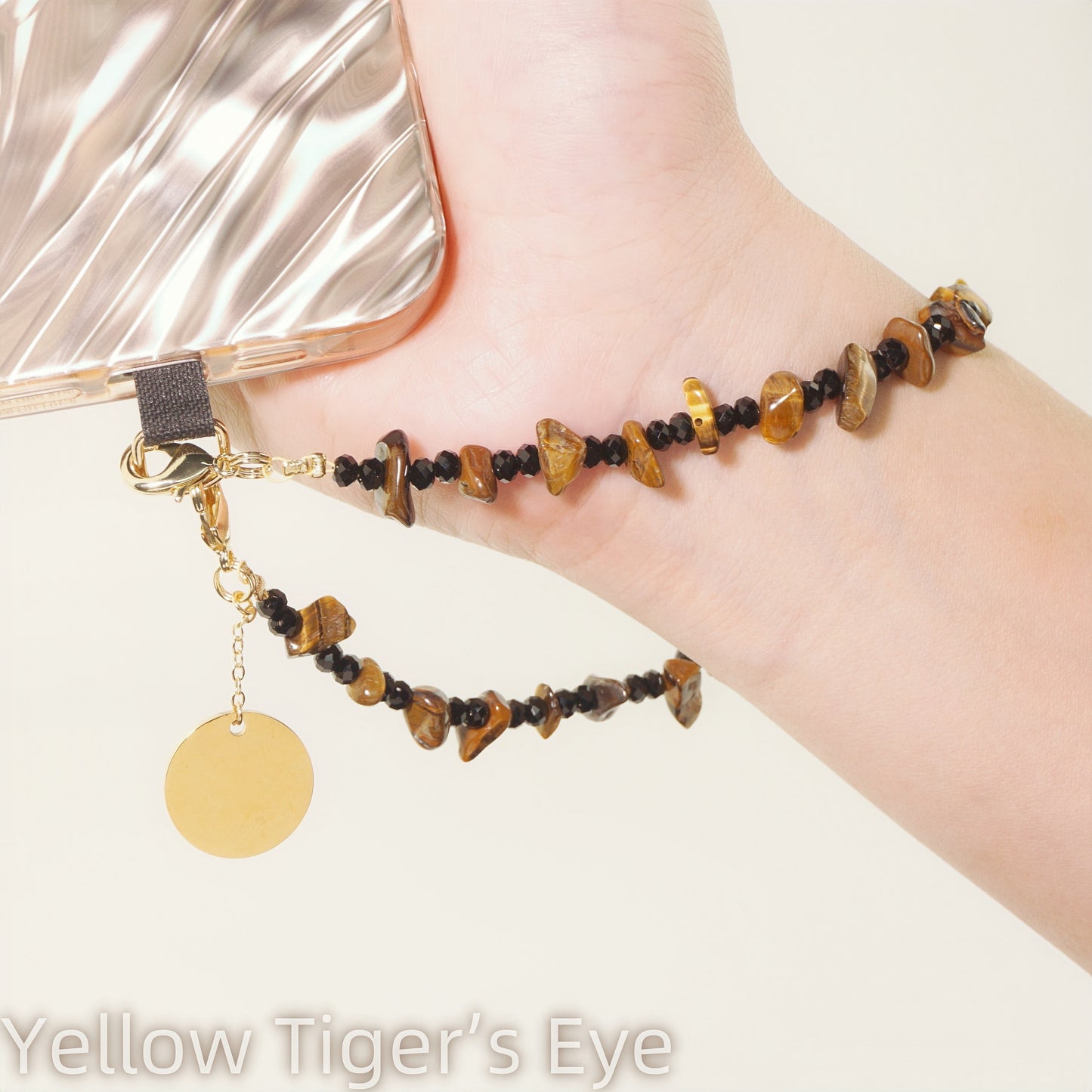 Beaded Phone Charm Nature Stone Cell Phone Wrist Strap Crystal Beaded Charm Stone Beads Chain Wrist Lanyard Hand Wristlet (Yellow Tiger’s Eye)